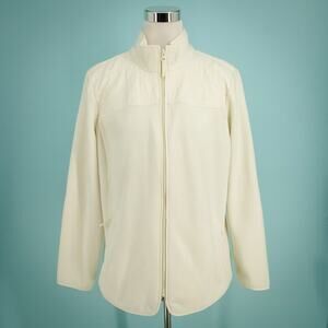 Talbots Size X 0X XL Ivory White Polar Fleece Quilted Elbow Patches Zip Jacket